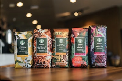 Starbucks rediseñó el empaque de sus cinco variedades principales de granos integrales con gráficos que se traducen en arte para las personas, los momentos y las experiencias asociadas con cada mezcla.